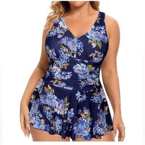 Plus Size One Piece Bathing Suit Floral Swim Dress Tummy Control attached short